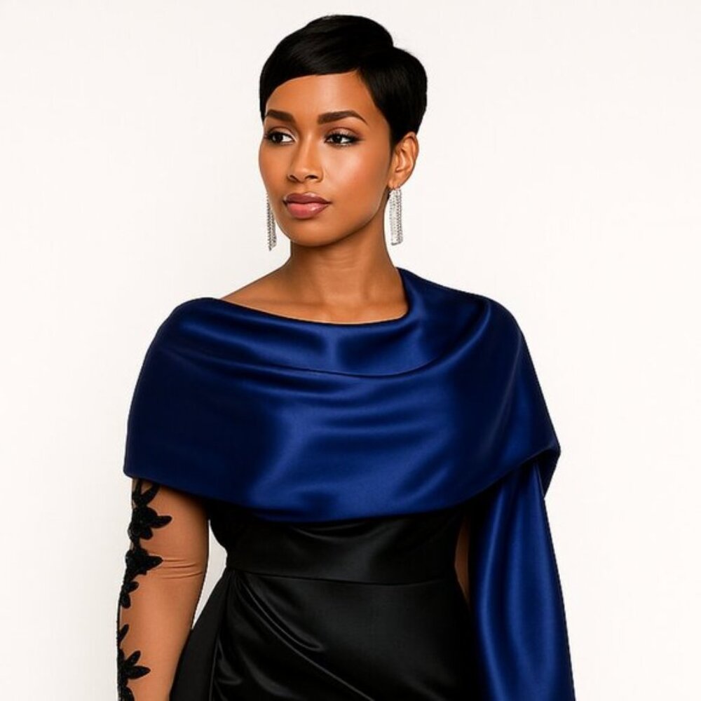 Blue Satin Evening Shawl Wrap – Extra-Long 25.6 × 86.6 in Bridal Pashmina